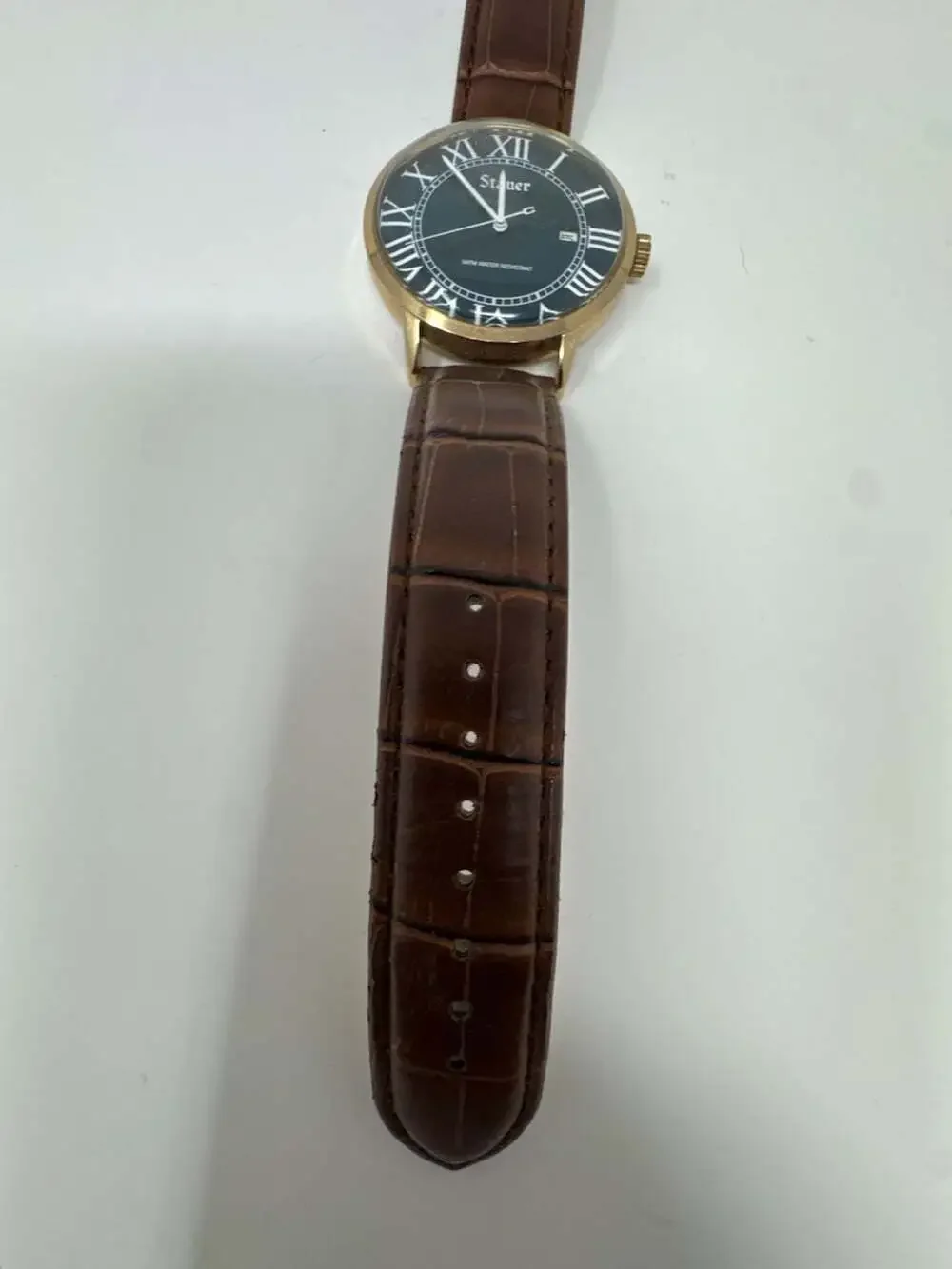 Stauer Men's Gold-Tone Round Case Watch with Roman Numerals and Brown Leather St
